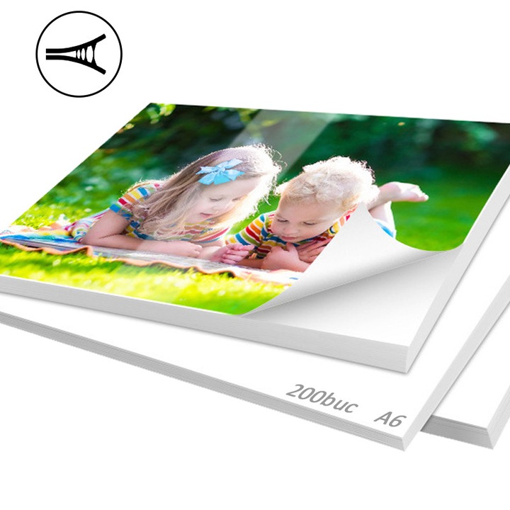 Hartie FOTO High Glossy autoadeziva, 150g, A6, Cu proprietate adeziva, 200 de foi, imagine clara, imprimare cu cerneala color – potrivit pentru lipire pe: lemn, metal, sticla, pereti, cutii de carton