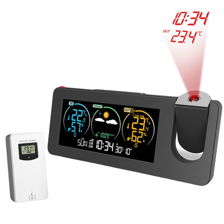 IDAMAKON elektronikus óra, 180°-ban elforgatható vetítés, színes LCD kijelző, idő- és hőmérséklet-vetítés, időjárás-állomás kültéri érzékelővel, két ébresztő szundi funkcióval, öröknaptár, USB csatlakozó, fekete