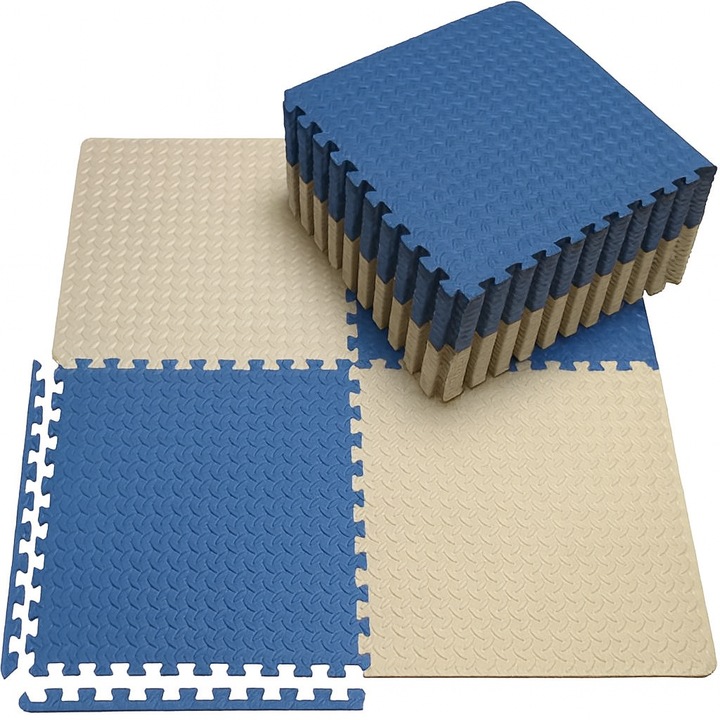 Covor tip puzzle din spuma EVA, Zola, 9 elemente, pentru sala si exercitii fizice, grosime 1 cm, 180 x 180 cm, bej/albastru