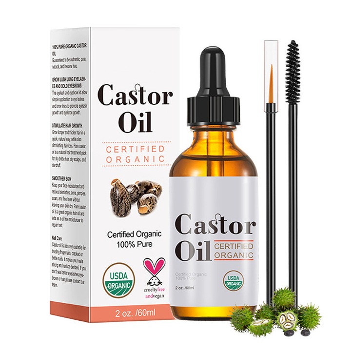 Uleiul de ricin organic presat la rece, certificat USDA, cu formula vegana, este ideal pentru promovarea cresterii parului, a sprancenelor, a genelor si a ingrijirii pielii