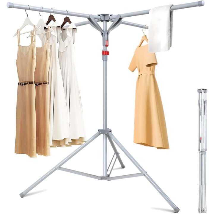 Сушилник за дрехи Bedee, сгъваем, регулируем 130-180 см, 4 рамена, въглеродна стомана, сив, 127x127x130/180 см