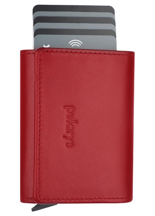 Portofel dama Pularys, rosu, din piele Italia, cu mecanism de extragere a cardurilor, tehnologie RFID
