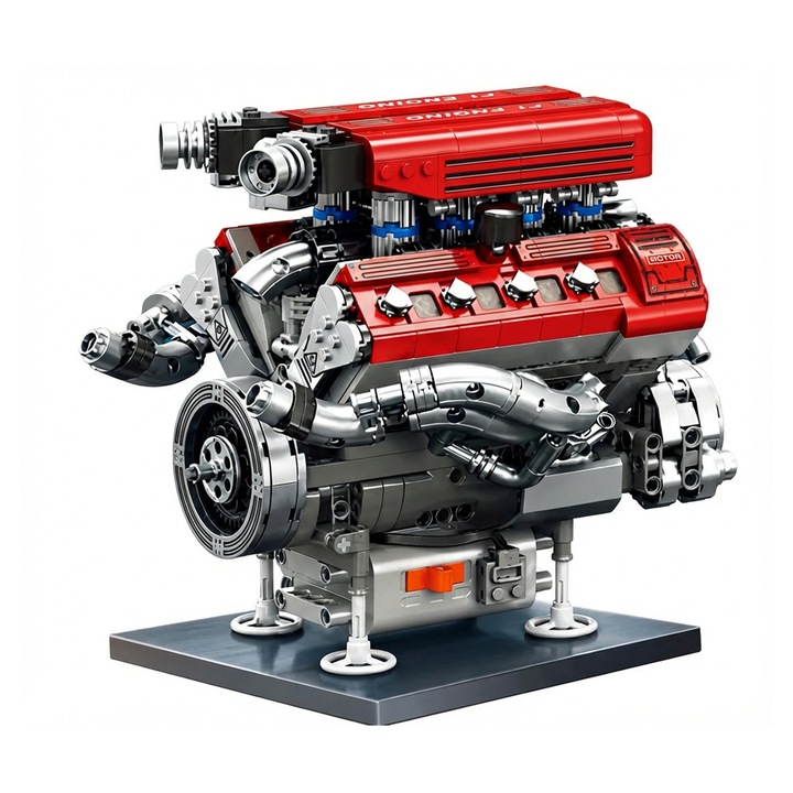 Set constructie motor F1 V8, Excitat®, cu motor electric, 1101 piese, Technic piston 8 cilindri, educativ STEM, cap cilindru transparent, turbocompresor, compatibile cu lego, 0.52kg, Negru