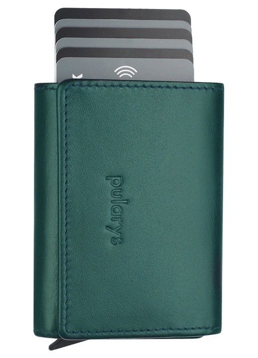 Portofel dama Pularys, din piele Italia, verde, cu tehnologie RFID, mecanism de extragere a cardurilor