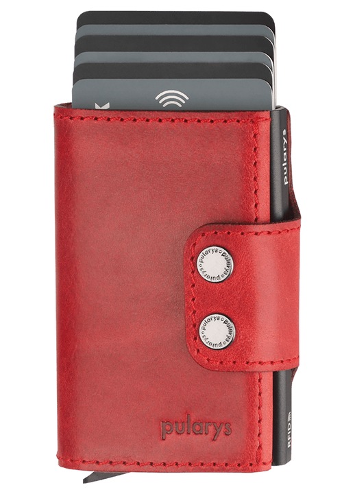 Portofel barbati Pularys DOPPIO din piele Nomad, rosu, cu mecanism de extragere a cardurilor, tehnologie RFID