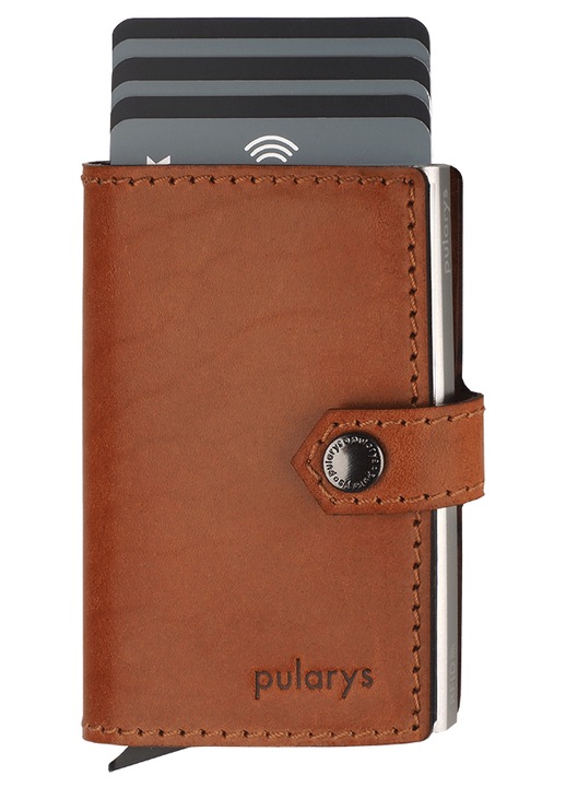 Portofel barbati Pularys, model EASY WALLET, din piele garbata Nomad, cu tehnologie RFID, culoare coniac