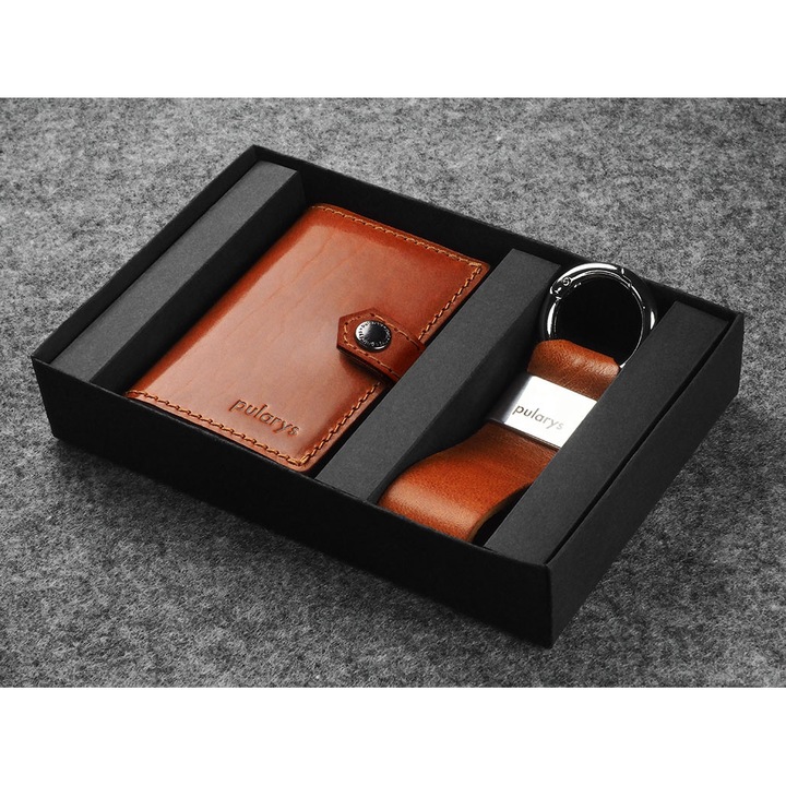 Portofel barbati Pularys HIKER, cu breloc, piele Nomad, RFID, 2 compartimente, coniac