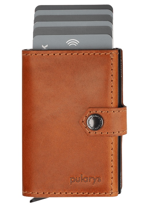 Portofel barbati Pularys HIKER Go, din piele vegetala, cu compartiment pentru documente si blocare RFID, culoare coniac