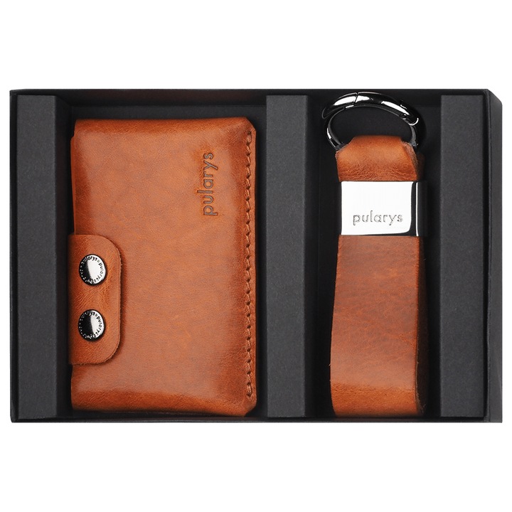 Portofel barbati Pularys HOBBY din piele Nomad, set cu breloc, coniac, 2 compartimente