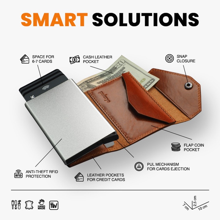 Portofel Pularys PORTER Go din piele garbata vegetal, cu mecanism de extragere a cardurilor, culoare coniac