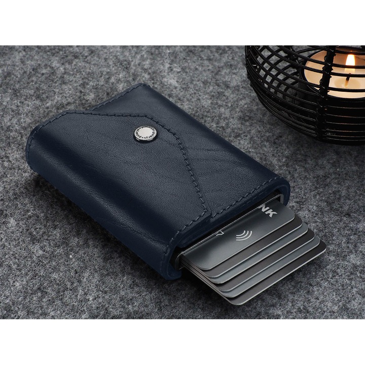 Portofel barbati Pularys PORTER Go din piele garbata vegetal, albastru, cu mecanism de acces rapid la carduri, tehnologie RFID