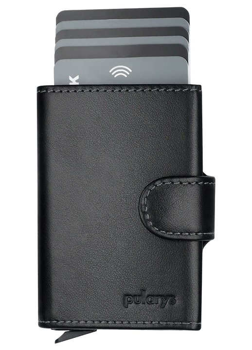 Portofel dama Pularys SOHO din piele Italia, negru, mecanism de extragere carduri, tehnologie blocare RFID