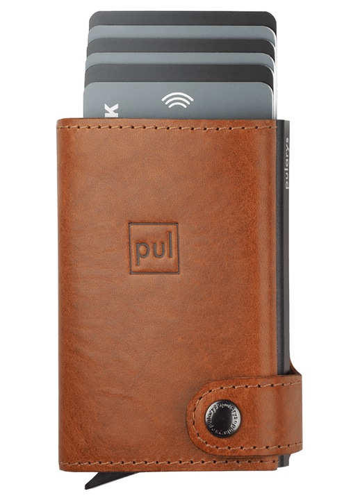 Portofel barbati Pularys SOLO din piele garbata vegetal, cu mecanism de acces rapid, culoare coniac