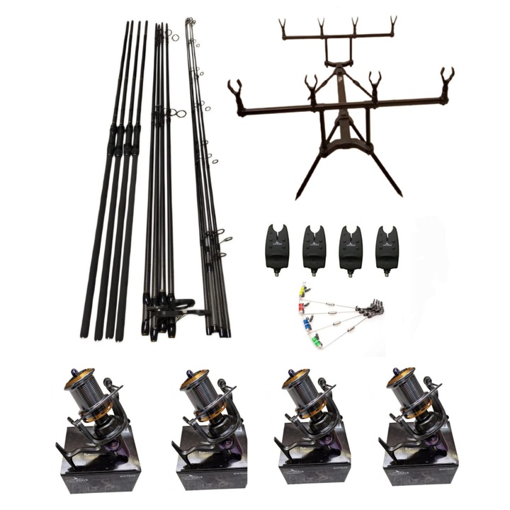 Set 4 Lansete 3, 90 metri, 3 Segm, 4 Mulinete GH 7000 Tambur Conic Super Long-Cast, 10 Rulmenti, Rod Pod, Senzori, Swingere+ 4 Role Fir 0, 30 mm X 500 metri