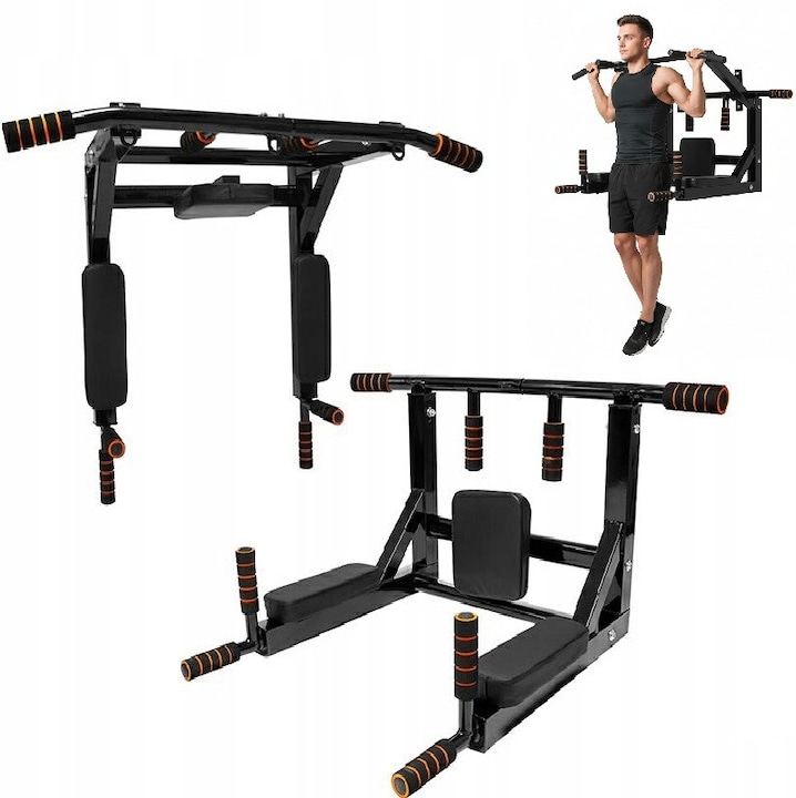 Bara multifunctionala pentru antrenament, tractiuni si exercitii, Zola, greutate suportata 200 kg, otel/spuma neopren, montare pe perete, 93x70x48 cm, neagra