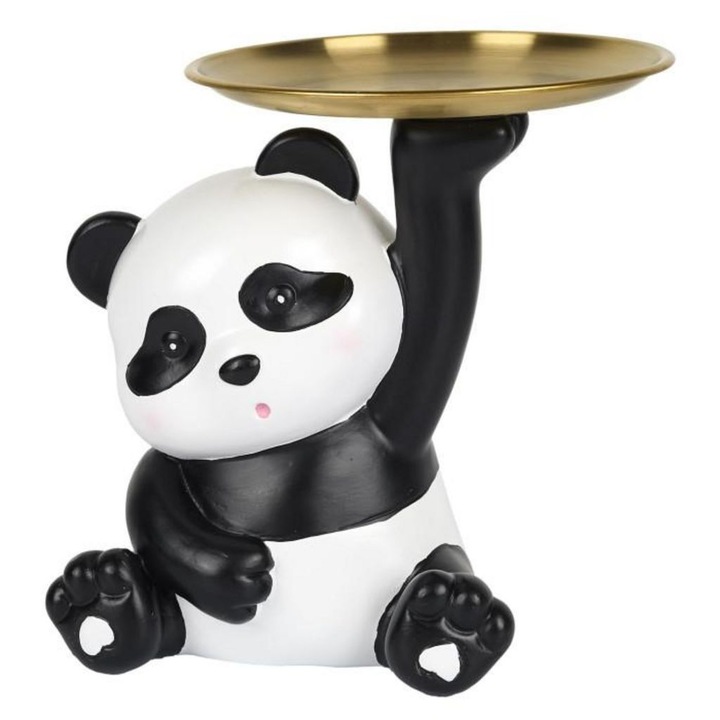 Suport decorativ in forma de urs Panda cu tavita, Ideal pentru bijuterii, chei, dulciuri sau decoratiuni, 20 cm, Alb/Negru