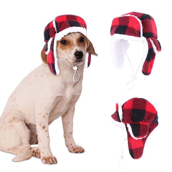 Caciula pentru caini TRADERPLUS cu urechi, model trooper, carouri rosii, pentru caini mici si medii