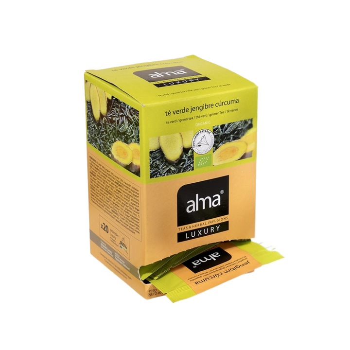 Ceai verde bio 20 plicuri Alma Teas, ghimbir si turmeric, 100% natural, organic, surse sustenabile, proprietati antiinfamatorii, detoxifiant natural, efect revitalizant, faciliteaza digestia, 40 g