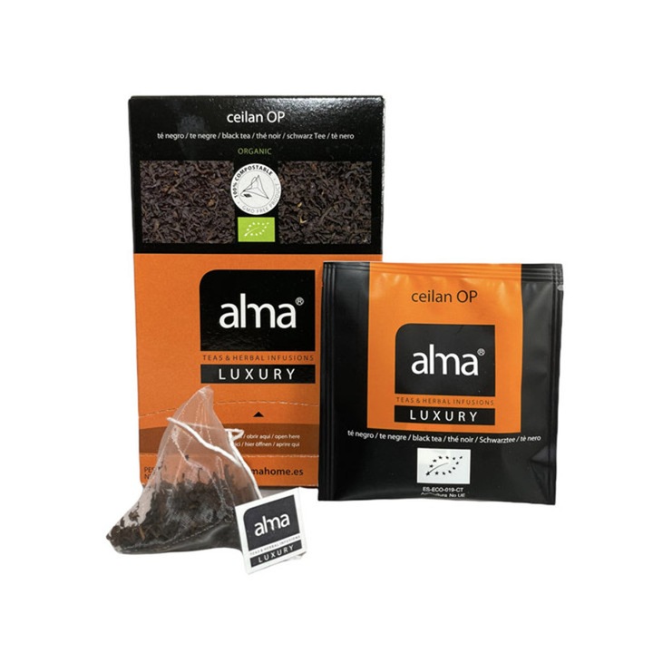 Bio fekete tea 20 filter Alma Teas, Ceylon, koffeinnel, 100% természetes, fenntartható forrásból, stimuláló hatású, antioxidáns tulajdonságokkal, melegen és hidegen is fogyasztható, sokoldalú, intenzív aroma, citrusos jegyek, 40 g