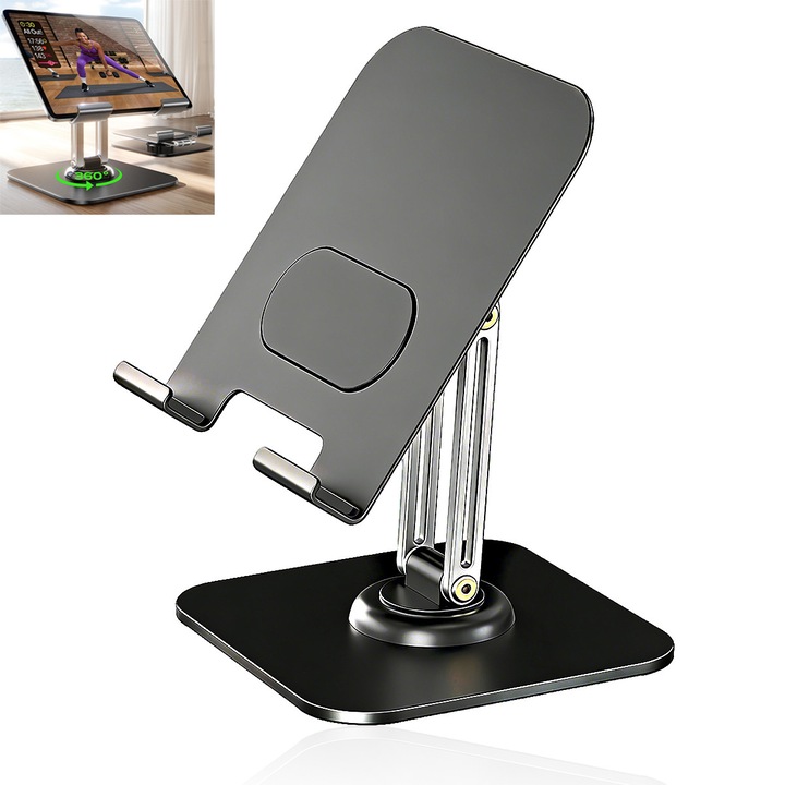 Suport pentru tablete si telefoane mobile YOUKUKE®, Ajustabil, Portabil si Ergonomic, Compatibil cu dispozitive de la 4.7-12.9 inch, Aliaj de aluminiu, Antiderapant, Argintiu Inchis