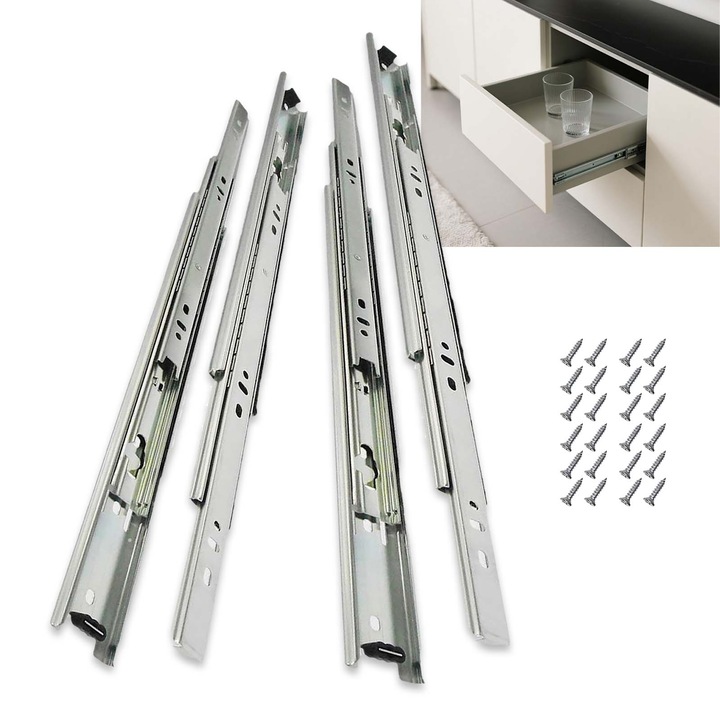Sina glisare cu bile pentru sertar, 35mm x 400mm, extensie totala, pereche