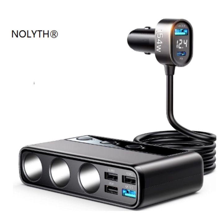 NOLYTH 9az1-ben autós töltő adapter, 156W, 3x autós aljzat, 5x USB, 12V/24V, Fekete, 100cm kábel