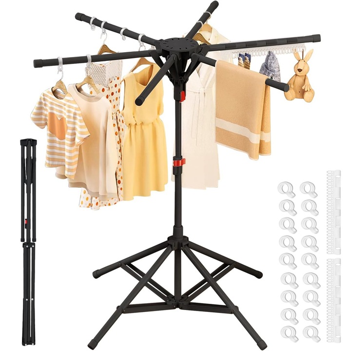 Сушилник за дрехи Bedee, сгъваем статив, 6 рамена, регулируема височина 120-170 см, черен, за вътрешна и външна употреба