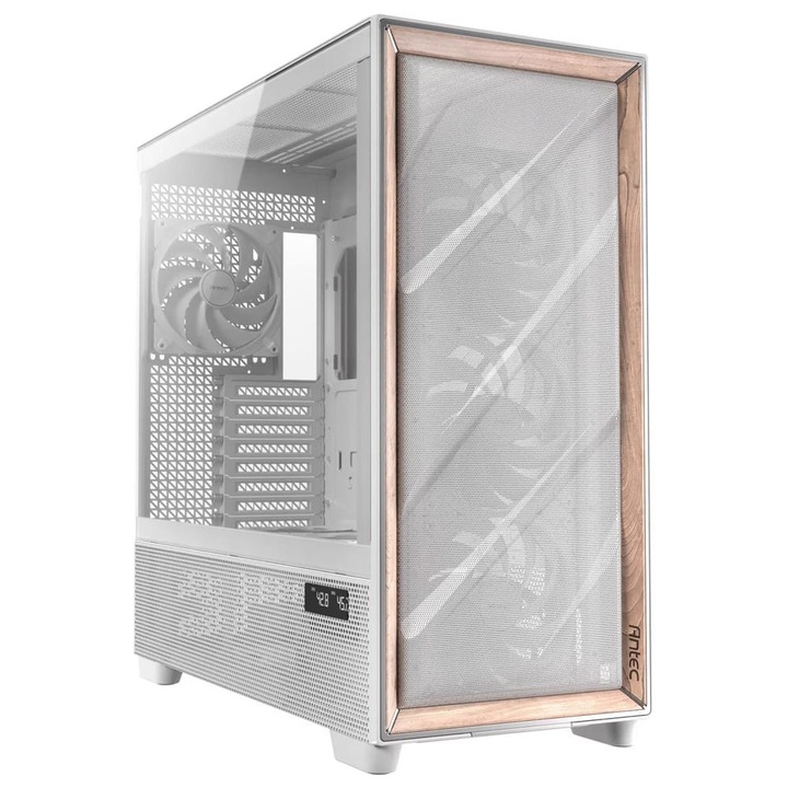 Carcasă PC Antec Flux Pro E-ATX Full Tower, 6x ventilatoare PWM, panou frontal cu inserție din lemn, platformă F-LUX, albă