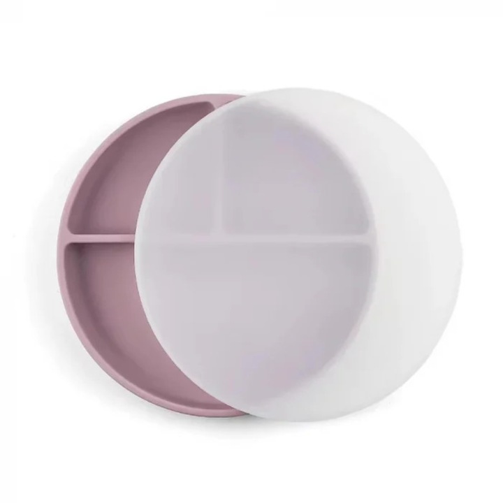 Farfurie compartimentata cu capac, silicon alimentar, cu ventuza, Roz