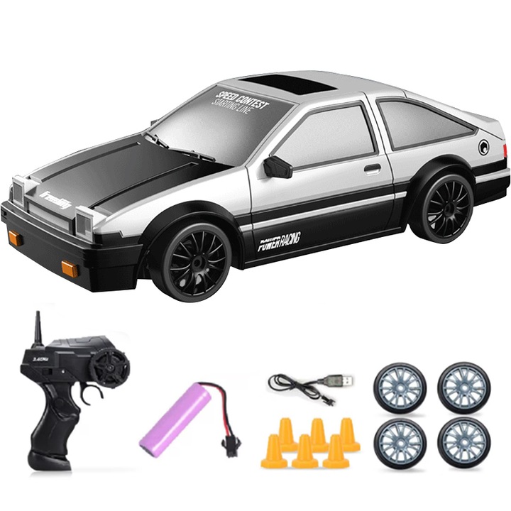 Távirányítós drift autó, ZOUN, AE86 stílusú, 2,4G távirányítóval, cserélhető gumikkal, útlezárókkal, USB töltéssel, 1:24 méretarány, 20 km/h, összkerékhajtás, fekete/fehér