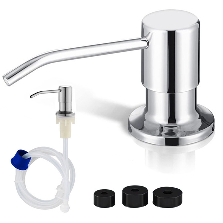 Dozator de sapun lichid/detergent, ZOUN, montare pe blat sau chiuveta, otel inoxidabil 304, cu tub de extensie de 1,2 m si 3 dimensiuni de capac 22-28 mm, potrivit pentru gauri de 24-40 mm, robust si durabil, rotire libera, argintiu