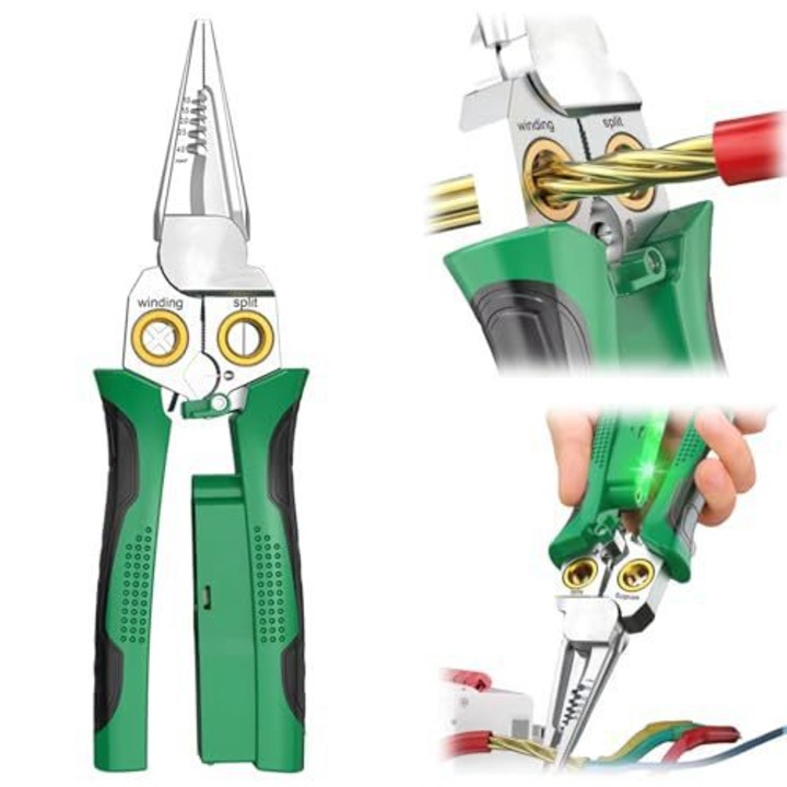Cleste multifunctional 8 in 1, ZOUN, cleste pentru dezizolare/cleste electrician cu detector de tensiune, cu functii de dezizolare, rasucire si taiere, durabil, design ergonomic al manerului, antiderapant, verde