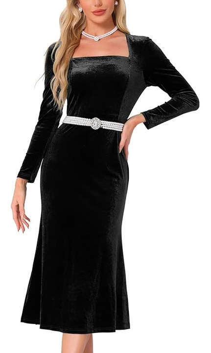 Rochie Midi din Material Catifelat, Elastica cu Maneci Lungi si Decolteu Patrat – Curea cu Perle, Eleganta pentru Toamna/Iarna, Evenimente & Petreceri, Neagra, Negru