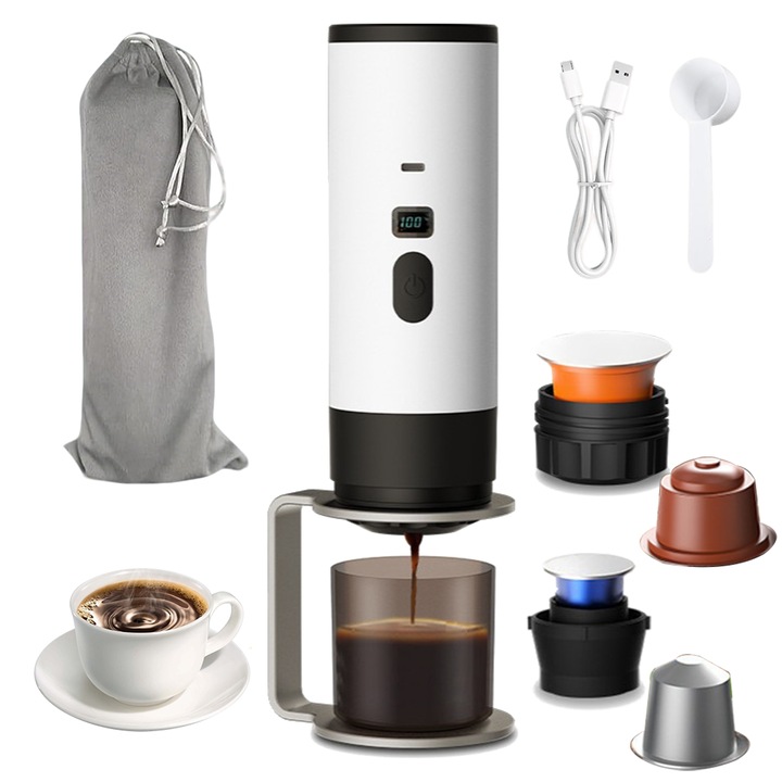 Автоматична преносима еспресо машина IDAMAKON, съвместима с капсули Nespresso и Dolce Gusto, мляно кафе, 8600 mAh, 15 бара, гореща и студена екстракция за пътуване, къмпинг, офис, включва стойка и чанта, сива