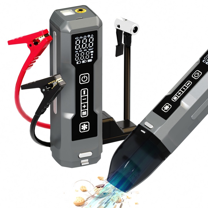 Стартер за кола + аспиратор + компресор, 600/300A, 6,7kPa всмукателна мощност, 6000mAh, за бензинови двигатели