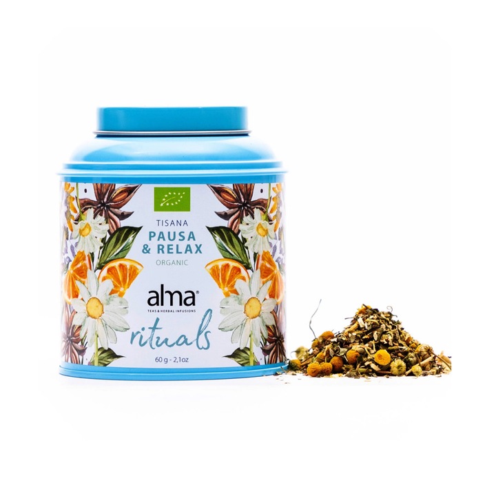 Ceai de plante bio Alma Teas, Pause & Relax, 100% natural, surse sustenabile, efect relaxant, reduce stresul si anxietatea, echilibru emotional, imbunatateste calitatea somnului, 60 g