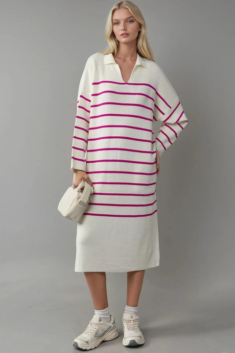Rochie tricotata, MyFashion, cu dungi, midi, roz, alb, One Size INTL