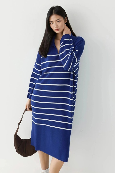 Rochie tricotata, MyFashion, midi, cu dungi, decolteu in V, bleumarin, tricot, One Size INTL