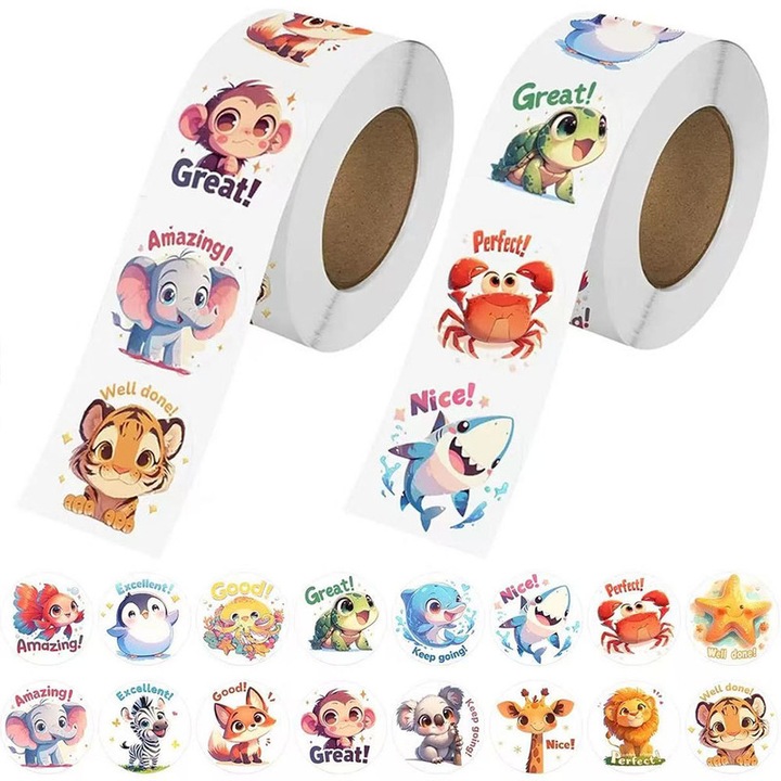 Set 2 role stickere animale si ocean, 16 modele, multicolor, 2.5x2.5cm, 1000 bucti