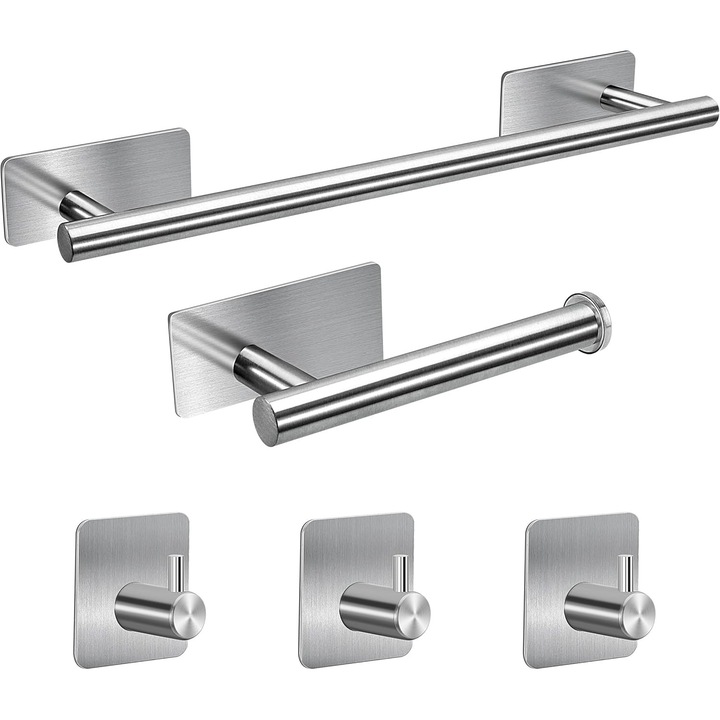 Комплект 5 броя Поставка за кърпи и рафт от неръждаема стомана, самозалепващи, за баня и кухня, без пробиване, сребристи - поставка за кърпи, поставка за тоалетна хартия, стенни кукички