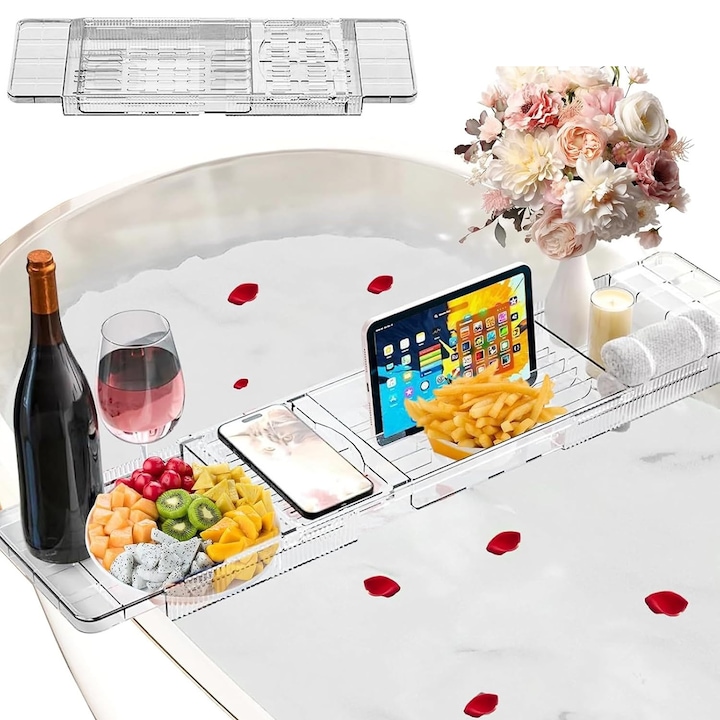 Tava premium pentru cada, tava de depozitare, lungime reglabila, pentru telefon mobil, masa, lumanare parfumata, carte, cadouri unice pentru casa noua, transparenta