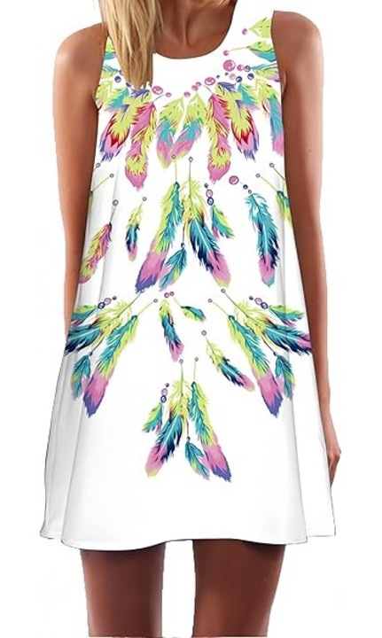 Rochie scurta vaporoasa de plaja, fara maneci, alba cu pene multicolore, 2XL 42-44 EU