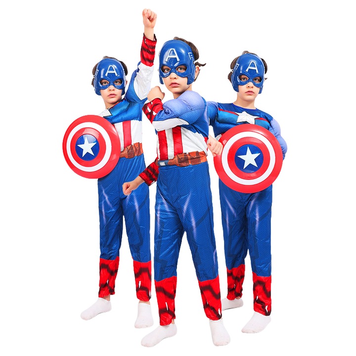 Costum Supererou Captain America, M, 120-130 cm, rosu si galben, material elastic