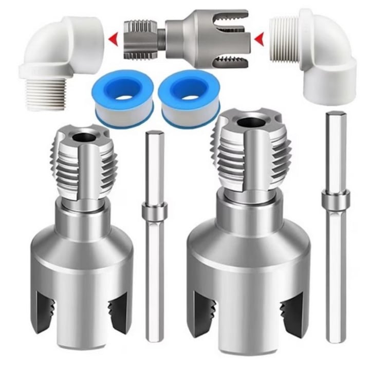 Set de 4 bucati pentru filetare teava apa SkyTechs® instrumente pentru taierea tevilor PPR + banda de etansare, DN15+DN20, reparatie cu suruburi de tip electric - 1/2 si 3/4 tevi interne si externe