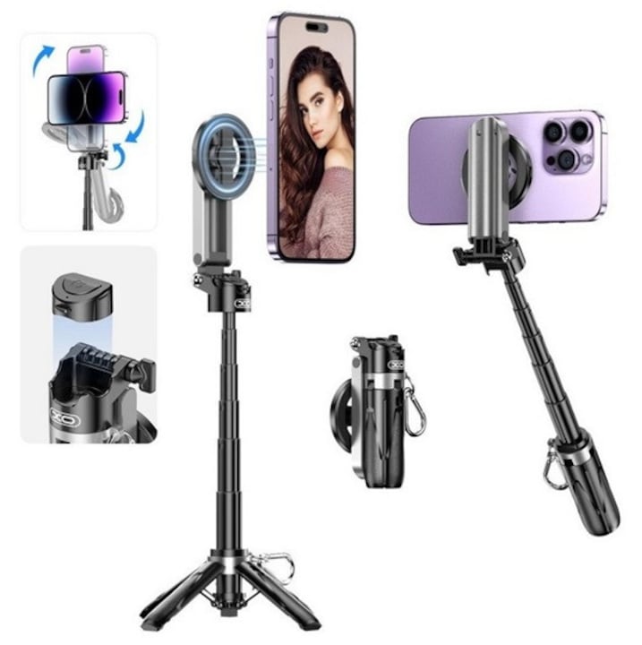 Xo ss22 szelfibot, univerzális, 360°, állítható, bluetooth távkioldó, összecsukható, 100cm, magsafe, fekete