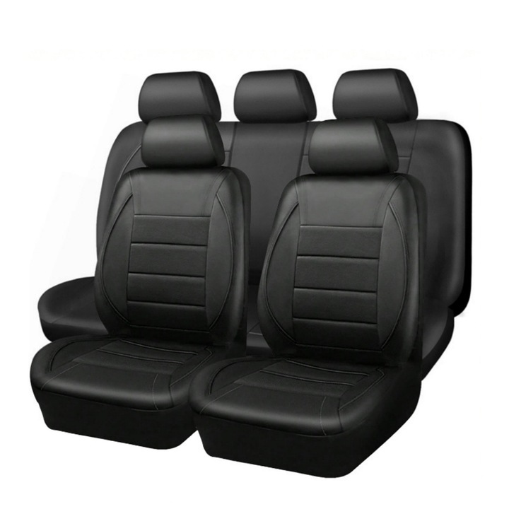 Set huse Scaune Auto complet FooFoony, huse pentru scaune din piele PU, impermeabile, din piele ecologica, fibra de carbon, respirabile, instalare usoara, potrivire universala, negru