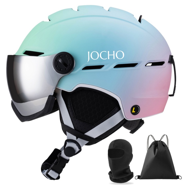 Casca de schi, Jocho, pentru adolescenti si adulti, cu ochelari de protectie UV, sac din panza si cagula incluse, reglabila, cu captuseala detasabila si 12 orificii de aerisire