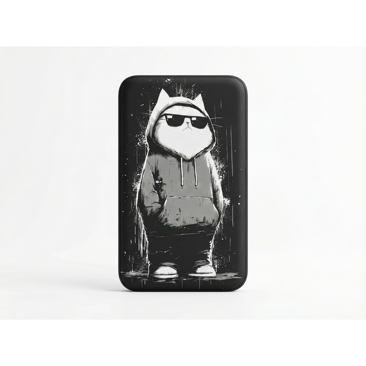 Baterie Externa MagSafe, 5000mAh, Incarcare Rapida Wireless 15W, Wired 20W PD, Type-C, Portabil, Design Pisica Urbana Negru, Compatibil Cu Telefoane Si Casti, Acumulator Extern