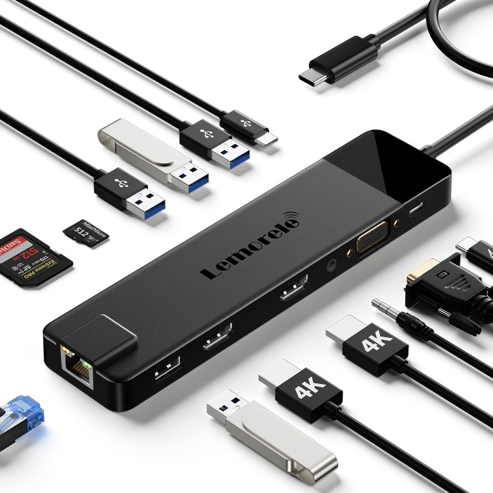 USB-C Hub 13-in-1 Lemorele ® Statie de andocare Gigabit cu VGA, Hub USB Type C 4K30Hz compatibil HDMI, Adapter USB 3.0, RJ45, PD100W