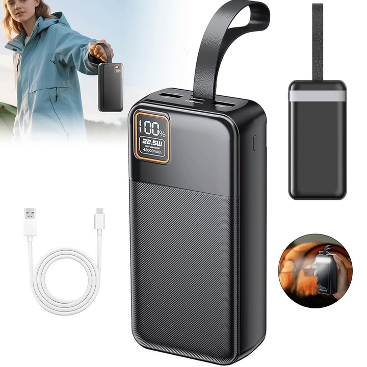 Външна батерия Juksun 42000mAh, 2 USB A порта, 1 USB Type-C порт, черна, размери 14,2x7x3,7см